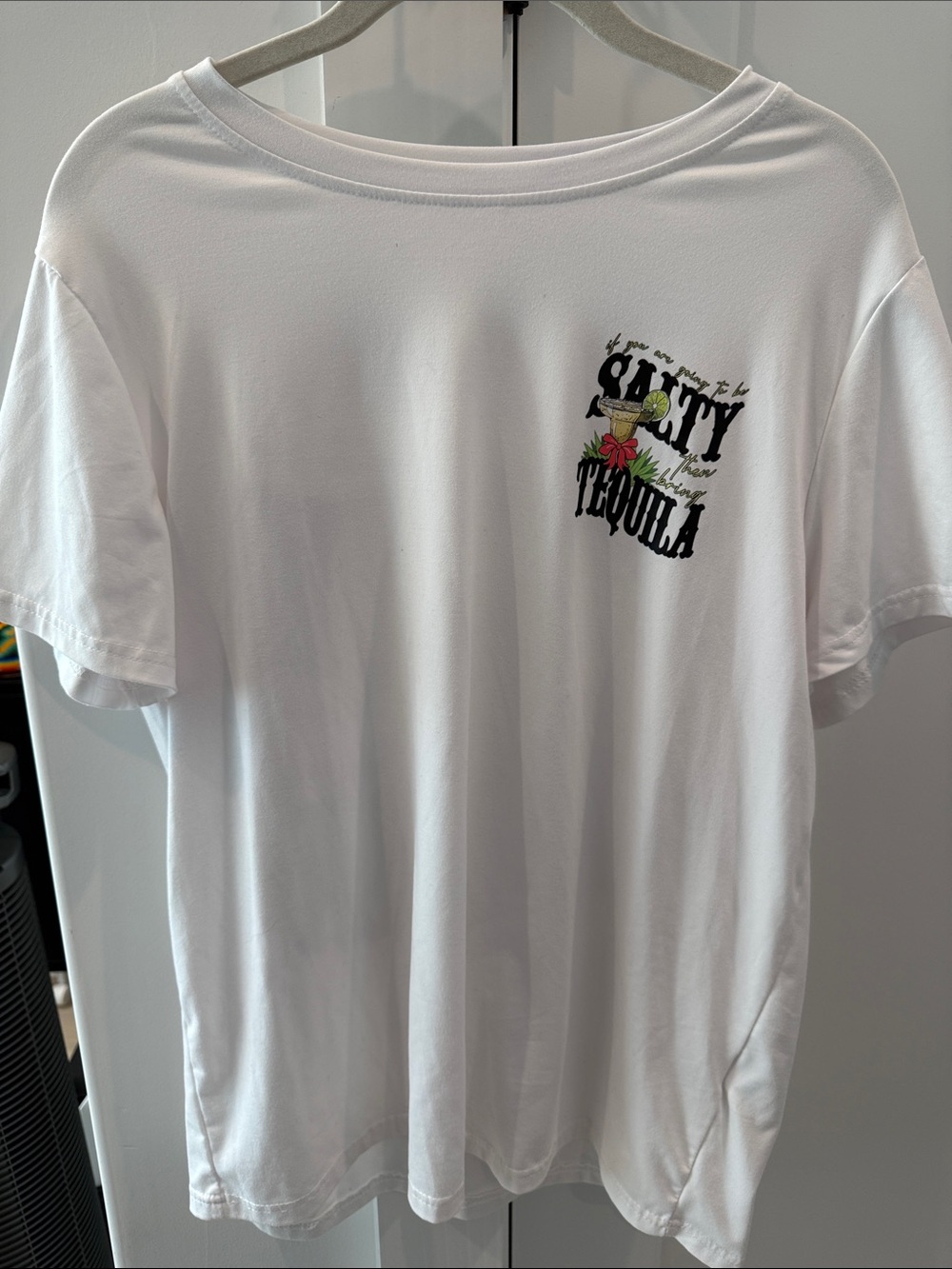 SHEIN White Short Sleeve Tee with 'salty Tequila' Chest Graphic
